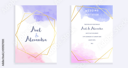 Wedding invitation frame, rsvp, save the date card design with splash violet and pink watercolours isolated. Sketched Vintage frame vector image