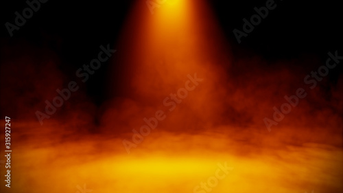 Divine light through a dark fog. The rays beam light on the floor. Spotlight on isolated background. Stock illustration.