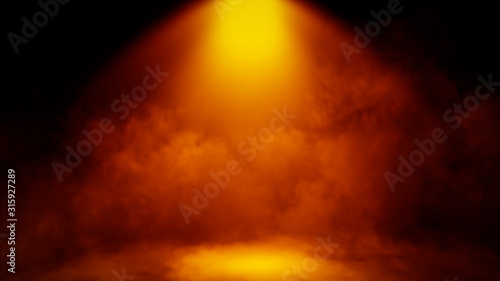 Divine light through a dark fog. The rays beam light on the floor. Spotlight on isolated background.