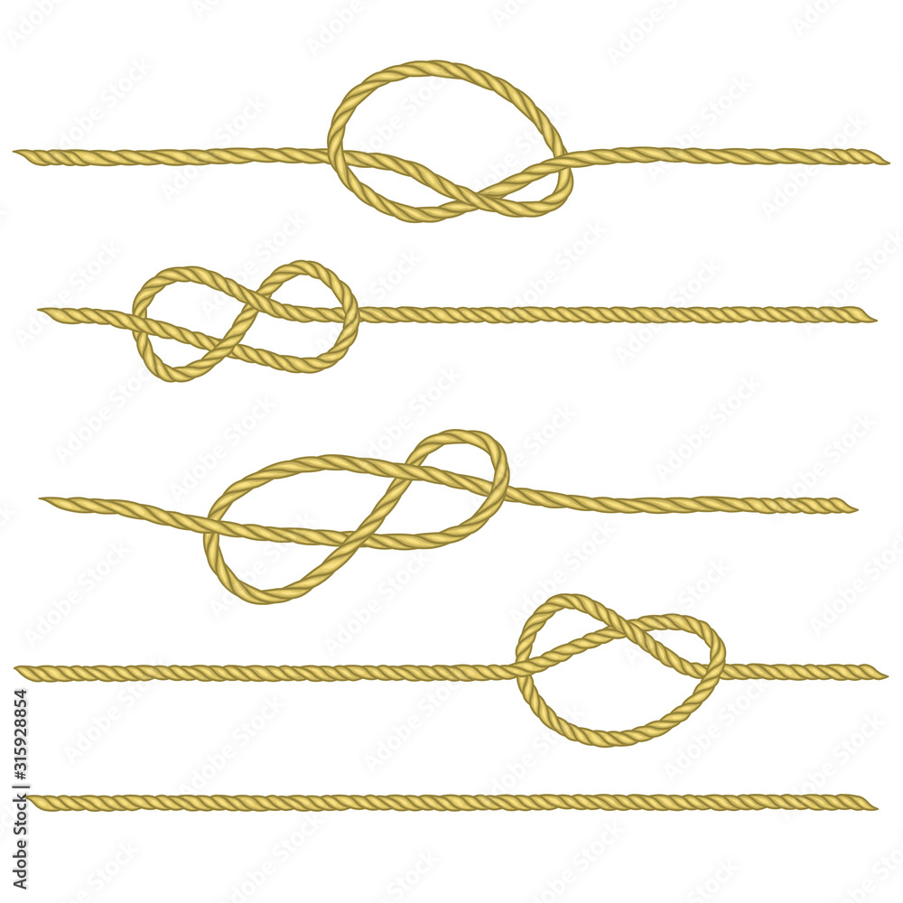 Set of ropes with different nodes. Drawing related to maritime. Sailor rope tying the nautical knot. Vector brush.