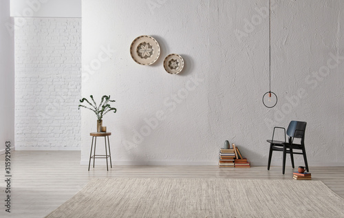 Canvastavla Grey stone wall, white brick background, interior style, chair lamp and object