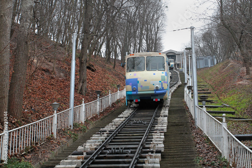 Kiev funicular at work. The funicular arrives at the station.