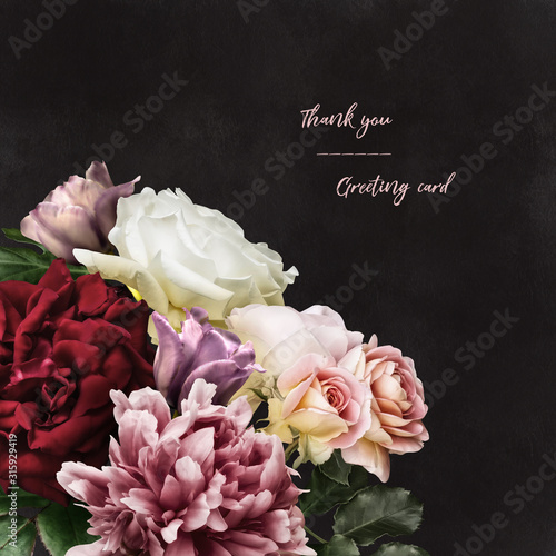 Floral card with copy space. White and red roses, dark pink peony, purple tulip isolated on dark textured grange background. Bouquet of garden flowers. For invitations, greeting, wedding card.