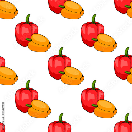 Seamless pattern of red and orange peppers on white background. Endless background for your design. Ingredients for cooking.