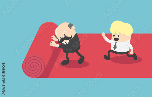 Red carpet concept man walks on lane and waiter rolls out