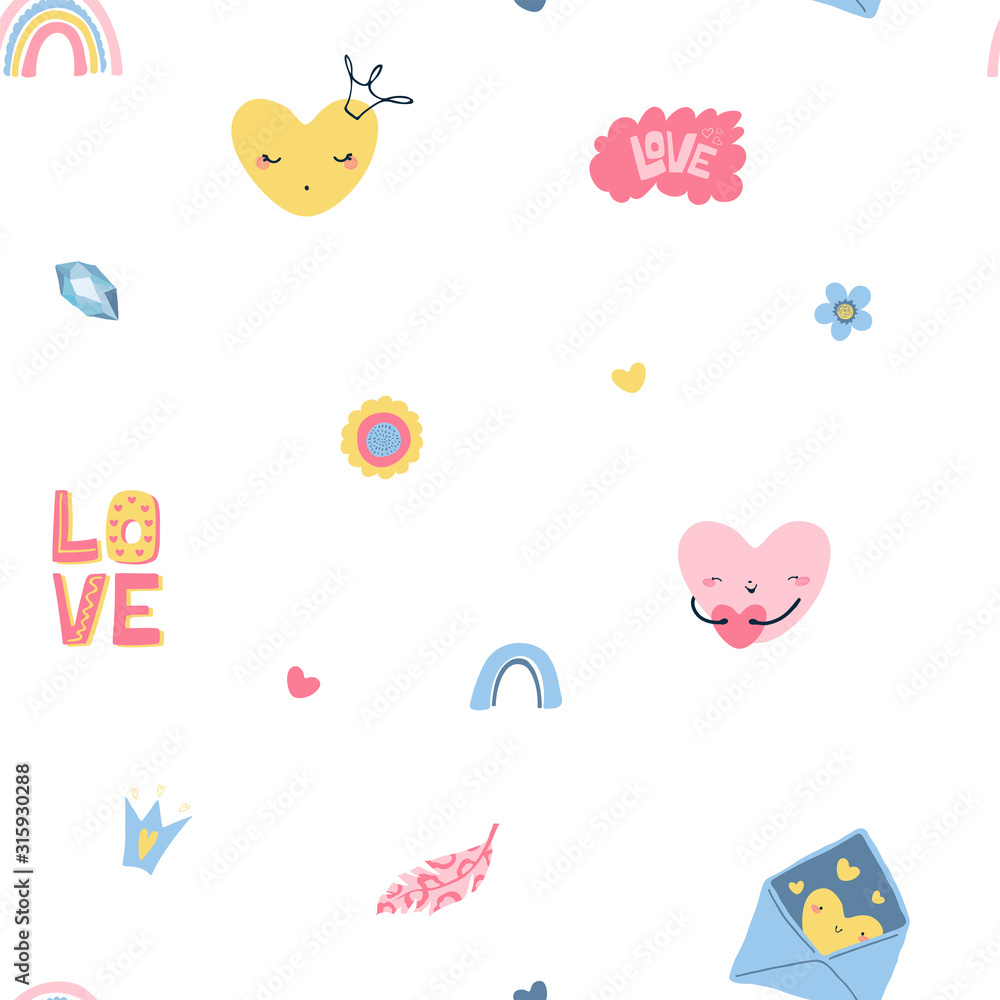 Cute seamless pattern of designer elements for Valentine's Day in flat style on white backgroundin. Background for fabric, wallpaper, textile. Vector illustration