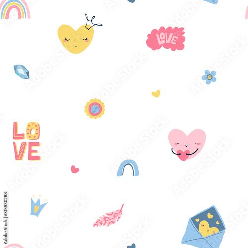 Cute seamless pattern of designer elements for Valentine's Day in flat style on white backgroundin. Background for fabric, wallpaper, textile. Vector illustration