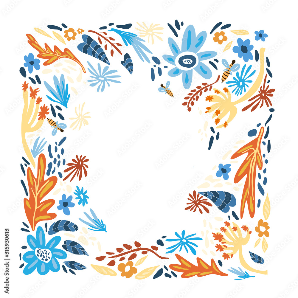 Frame drawn by hand in doodle style , foliage and flowers orange and blue colour, plants for your design. Floral background. Copy space.