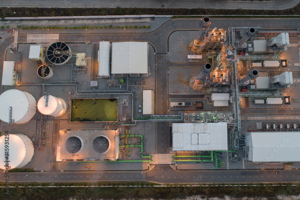 Aerial view gas turbine electric power plant 