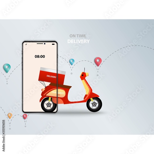 Business concept of on time delivery, half of scooter shown in the display of smartphone in a background of route of the shipment for fast delivery and urgent shipment. 