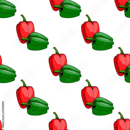 Seamless pattern of red and green peppers on white background. Endless background for your design. Ingredients for cooking.