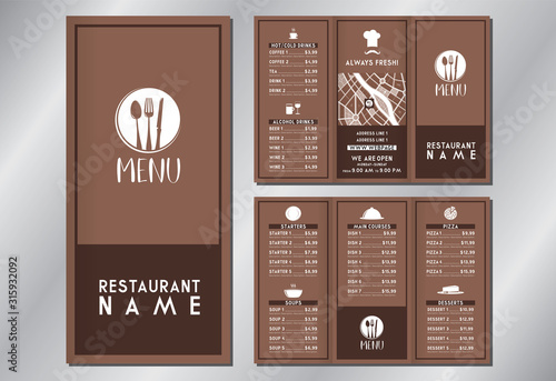 Vintage/ retro restaurant menu template - (starters, soups, main courses, pizza, desserts, drinks) - trifold brochure - 3 x DL (99x210 mm)