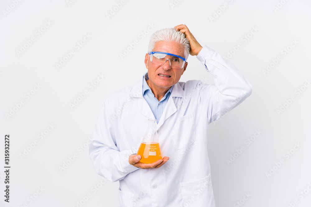 Mature chemical man isolated being shocked, she has remembered important meeting. Mature chemical man isolated being shocked, she has remembered important meeting.