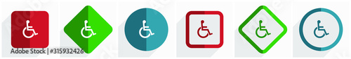 Wheelchair icon set, flat design vector illustration in 6 options for webdesign and mobile applications in eps 10