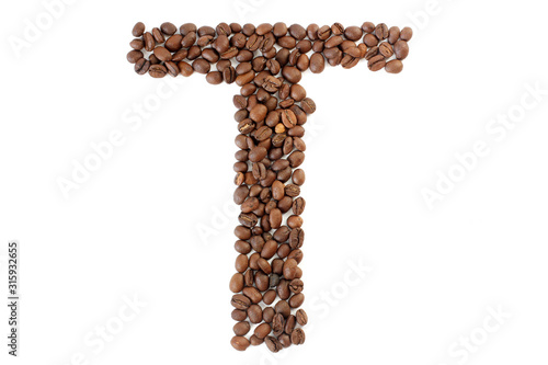 Coffee beans. Letter T made from coffee beans on a white background. Brown