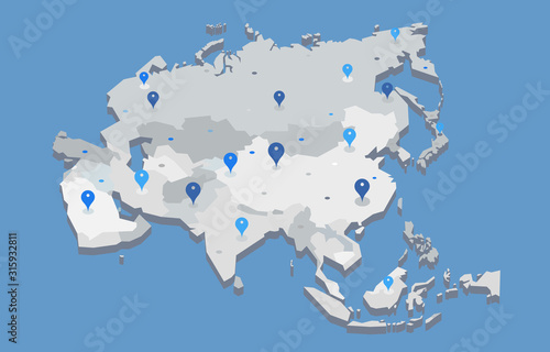 Mappa 3d dell'Asia con pin gps - illustrazione vettoriale photo