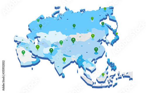 Mappa 3d dell'Asia con pin gps - illustrazione vettoriale	