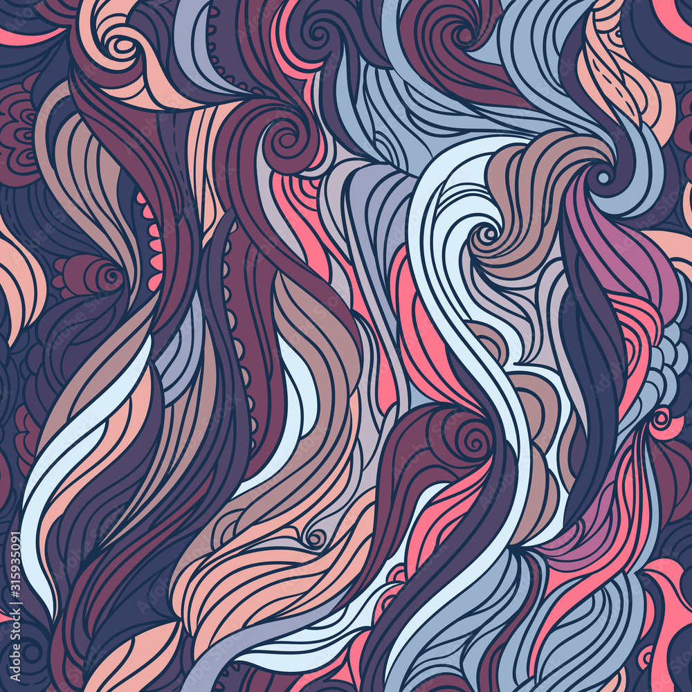 Abstract seamless water pattern, hand-drawn waves vector, pink and purple wave background, flow pattern, Eps 8