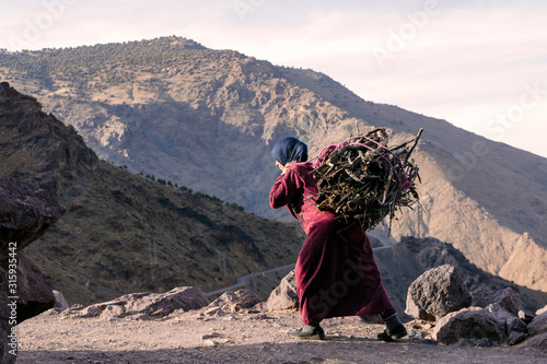 Berber woman carrying fire wood on his back in High Atlas mountains, Morocco photo