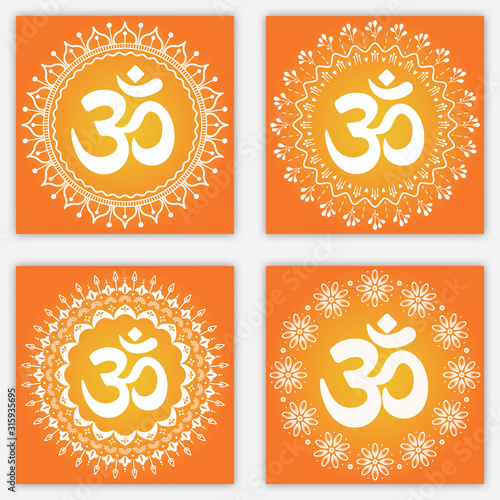 Set of Indian mantra om with floral ornament on orange background. Vector