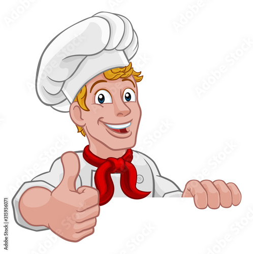 A chef cook or baker cartoon character mascot peeking over a sign and gving a thumbs up