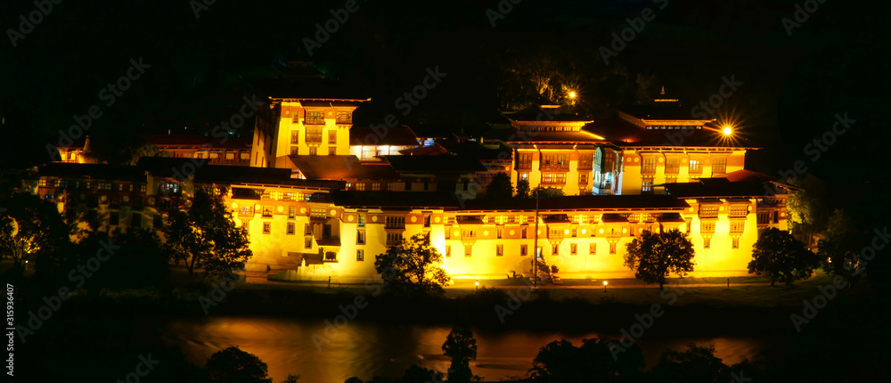 A night view of the the most beautiful monastery in the Kingdom of Bhutan in Punakha, called 'Punakha-Dzong'
