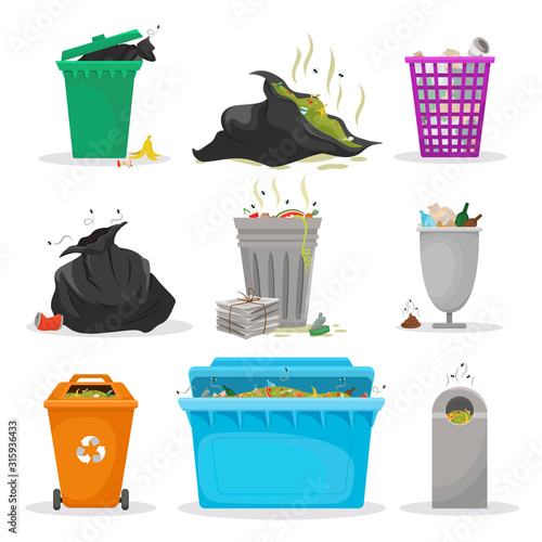 Different garbage containers flat vector illustrations set