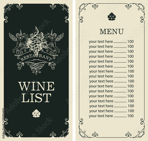 Vector wine list with vignette, angels, grapes and price list in frame with curls in vintage style. Wine menu for restaurant or cafe with hand-drawn illustration and inscription.