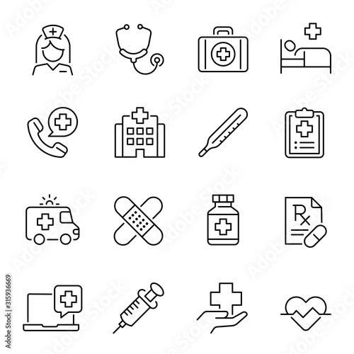 Healthcare industry, medicine linear vector icons set