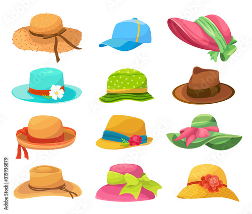 Female and male summer hats flat vector illustrations set