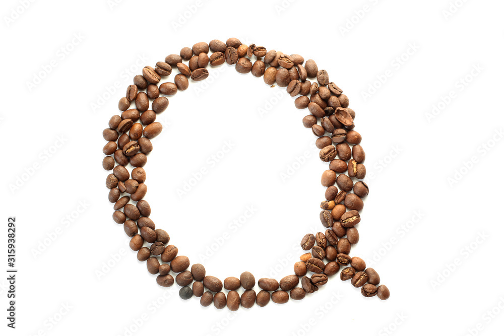 Coffee beans. Letter Q made from coffee beans on a white background. Brown Coffee beans. Letter Q made from coffee beans on a white background. Brown
