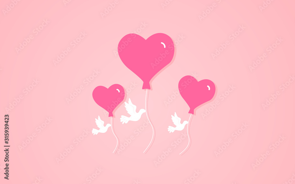 Three doves flying with heart shaped balloons vector illustration on a pink background