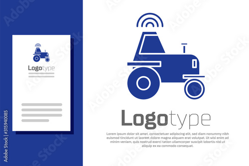 Blue Self driving wireless tractor on a smart farm icon isolated on white background. Smart agriculture implement element. Logo design template element. Vector Illustration