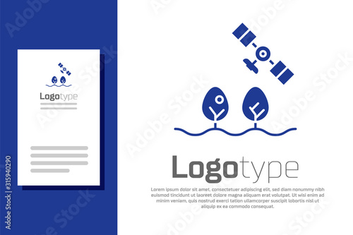 Blue Smart farm with drone control and tree icon isolated on white background. Innovation technology for agricultural company. Logo design template element. Vector Illustration