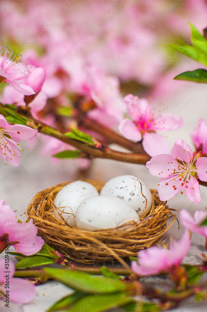 Spring conceptual photo with flowers. Flat lay blooming tree, easter eggs. The tree blooms pink and the eggs in the nest and copy space. Spring conceptual photo with flowers. Flat lay blooming tree, easter eggs. The tree blooms pink and the eggs in the nest and copy space.