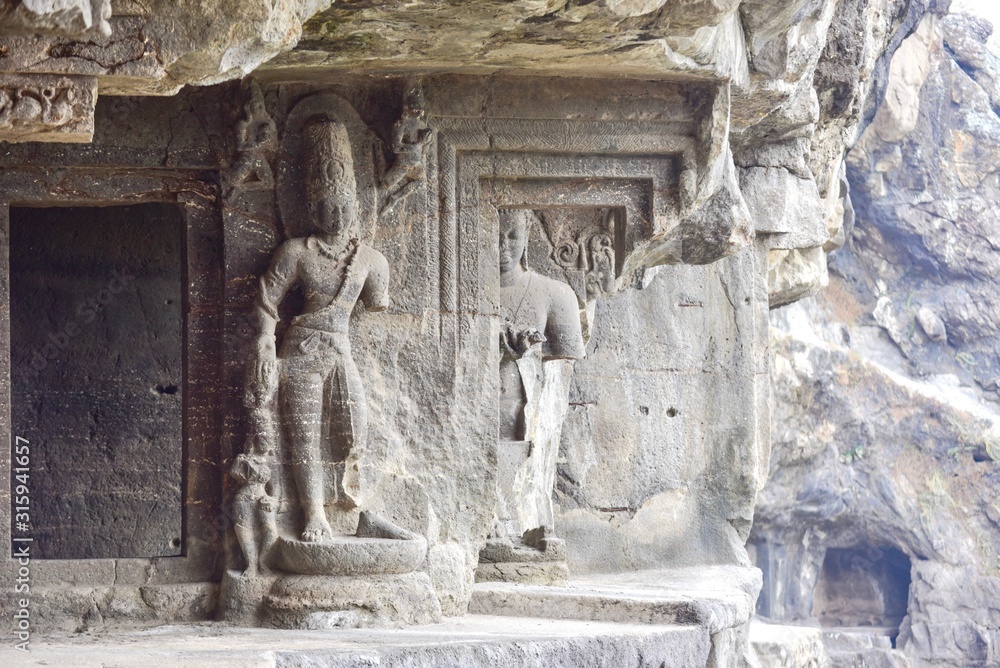 Rock-Carved Buddhist God Statues at the Ellora Caves in Aurangabad