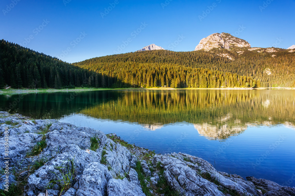 Beautiful view of Black lake on sunny day. Location National park Durmitor, Montenegro, Europe.