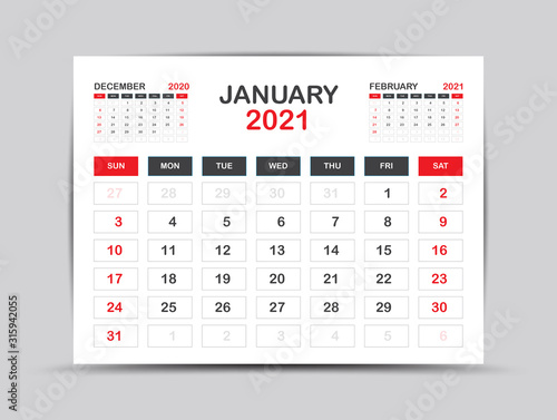 calendar 2021 template. January Page vector for calendar 2021 template. Table, Wall, Desk calendar design. Week starts on Monday, Minimal Diary Planner Design. printing, advertisement, Red background
