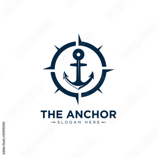 marine retro emblems logo with anchor and sailor compass, anchor logo - vector