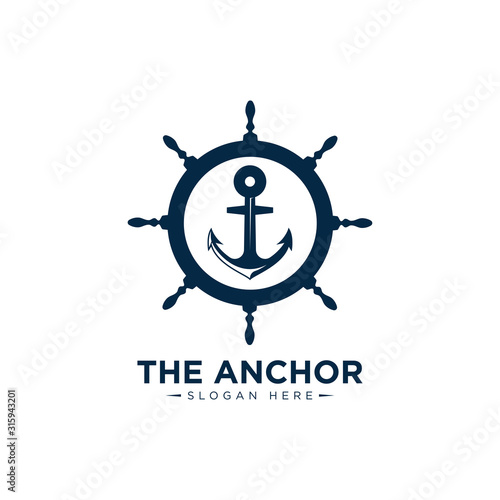 marine retro emblems logo with anchor and ship wheel, anchor logo - vector