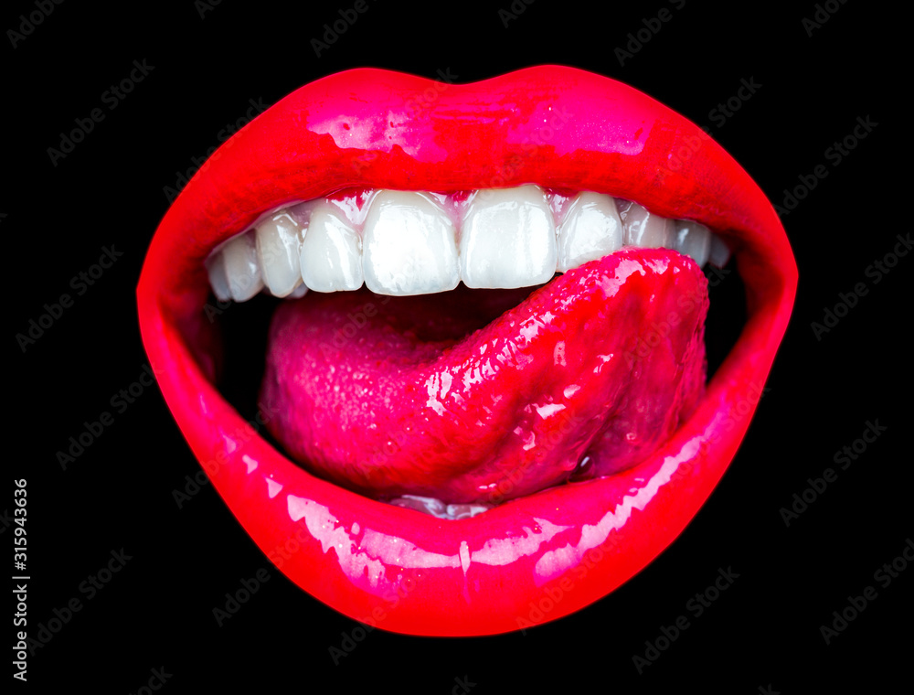 Sexy lips on isolated black background. Smiling woman with sexy tongue.  Licks teeth. Sexy pink lips close up. Stock Photo | Adobe Stock