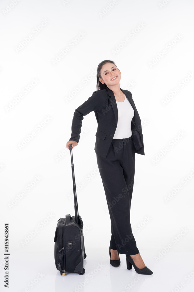 Businesswoman on a business trip, with luggage isolated on white background. Suitable for cut out, manipulation or composite works for travel or business concept. Businesswoman on a business trip, with luggage isolated on white background. Suitable for cut out, manipulation or composite works for travel or business concept.