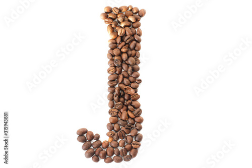 Coffee beans. Letter J made from coffee beans on a white background. Brown