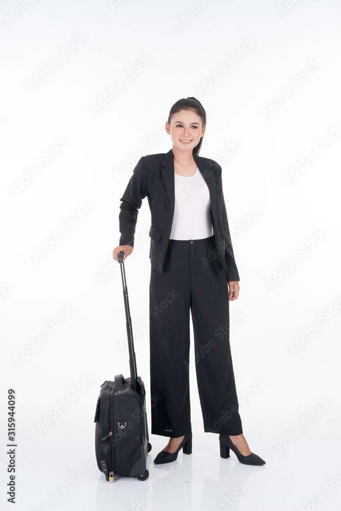 Businesswoman on a business trip, with luggage isolated on white background. Suitable for cut out, manipulation or composite works for travel or business concept. Businesswoman on a business trip, with luggage isolated on white background. Suitable for cut out, manipulation or composite works for travel or business concept.