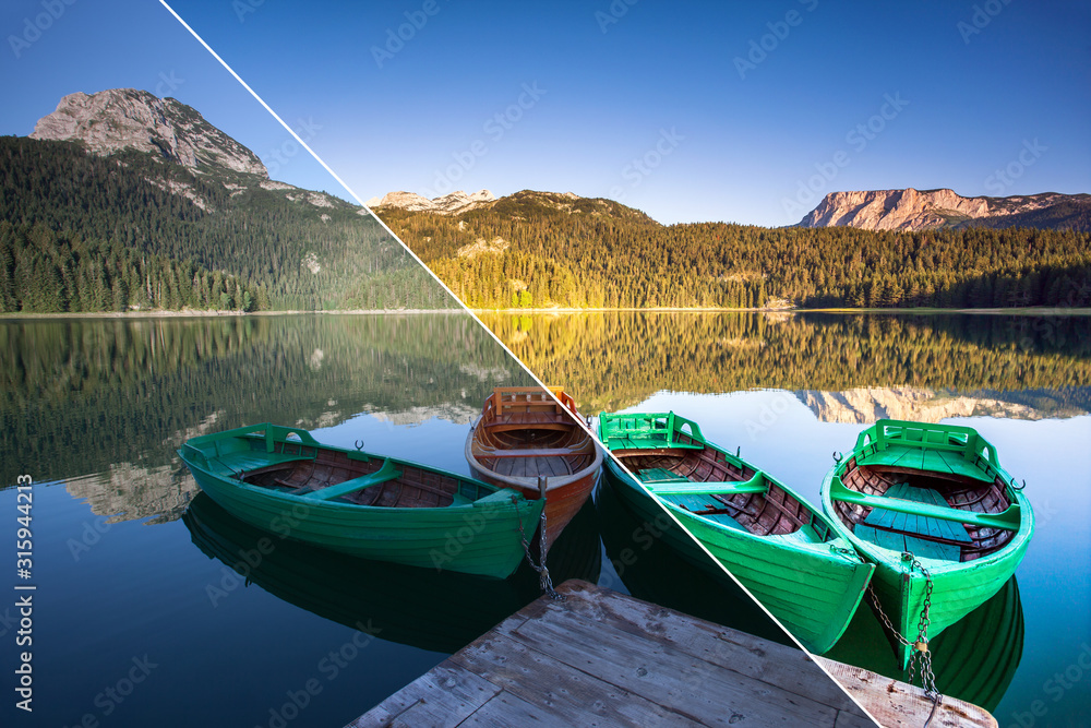 View of Black lake and wooden boats. Images before and after.