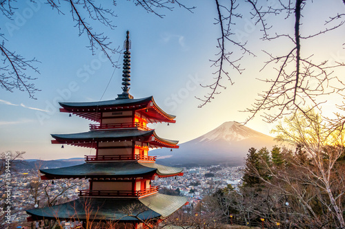 Fujiyoshida  Japan at Chureito Pagoda and Mt. Fuji at sunset