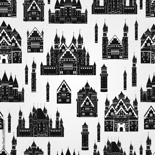 Seamless vector pattern with castles in black and white on a light gray background.