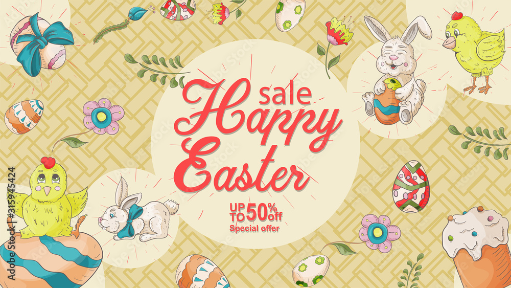 Easter banner 8 discount special offer in the style of childrens Doodle illustration Easter banner 8 discount special offer in the style of childrens Doodle illustration