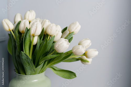 bouquet of tulips in front of spring scene. Copy space. Pattern 