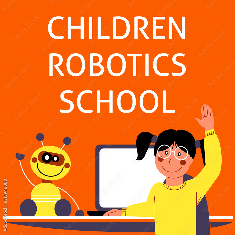A square image of a girl who studies robotics. A vector image for a ...